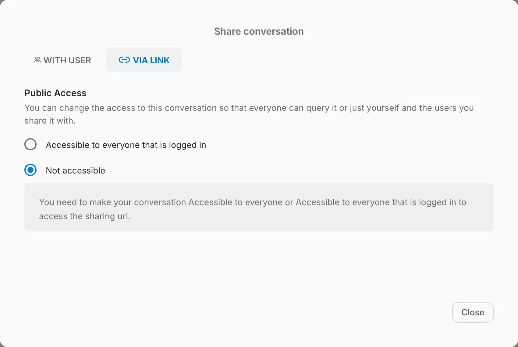 Share conversation dialog, Via Link tab