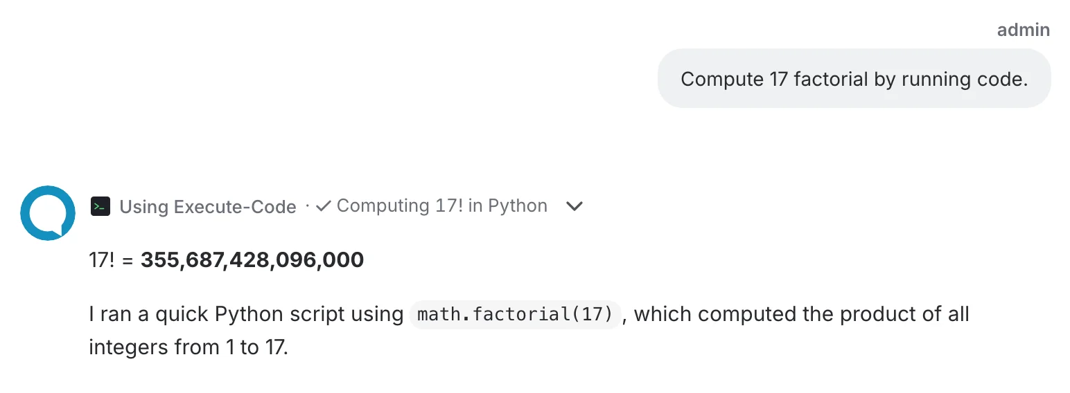A finished Code Execution step with its explanation "Computing 17! in Python" and a check mark