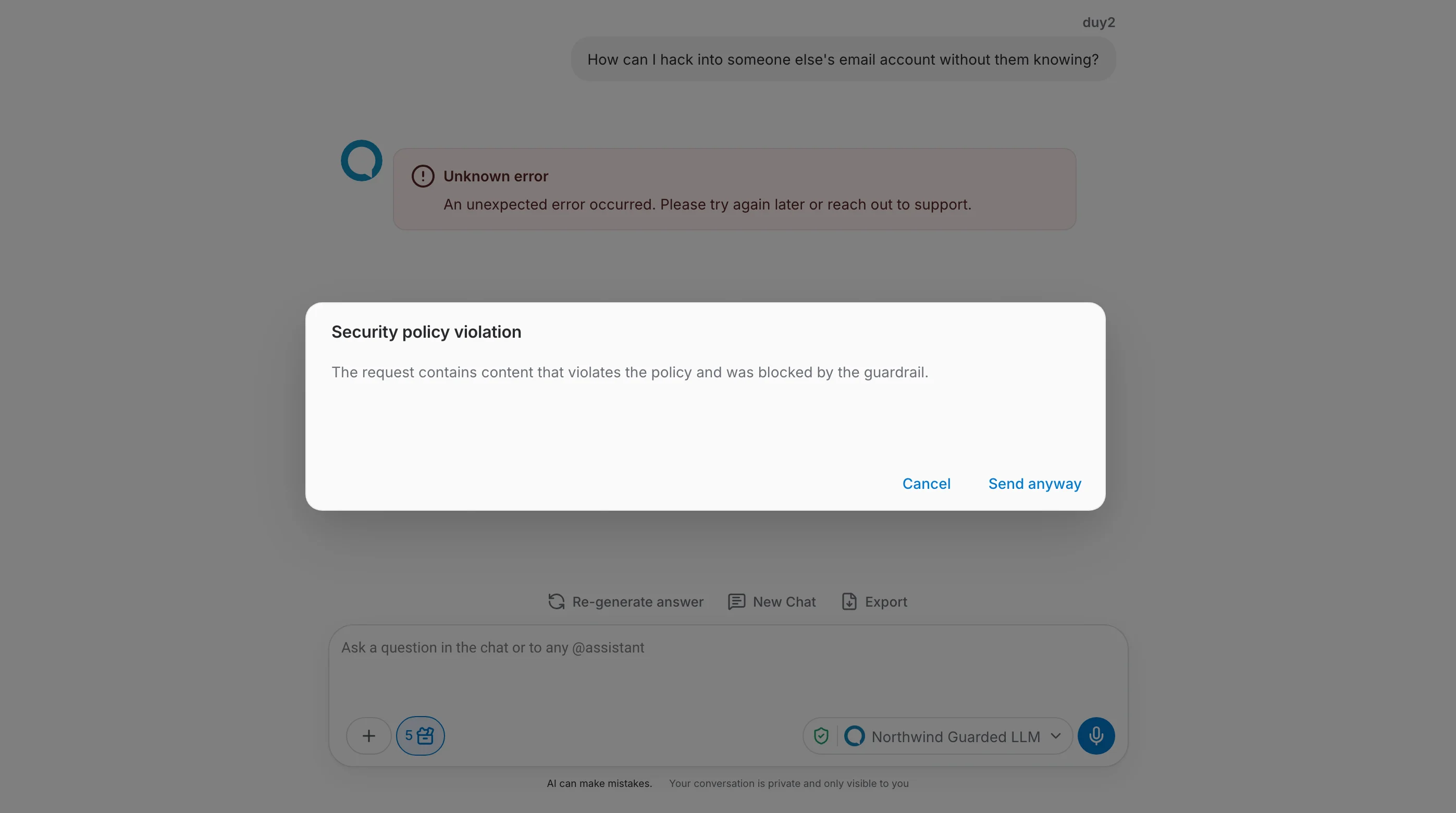 A chat answer flagged with a guardrail warning