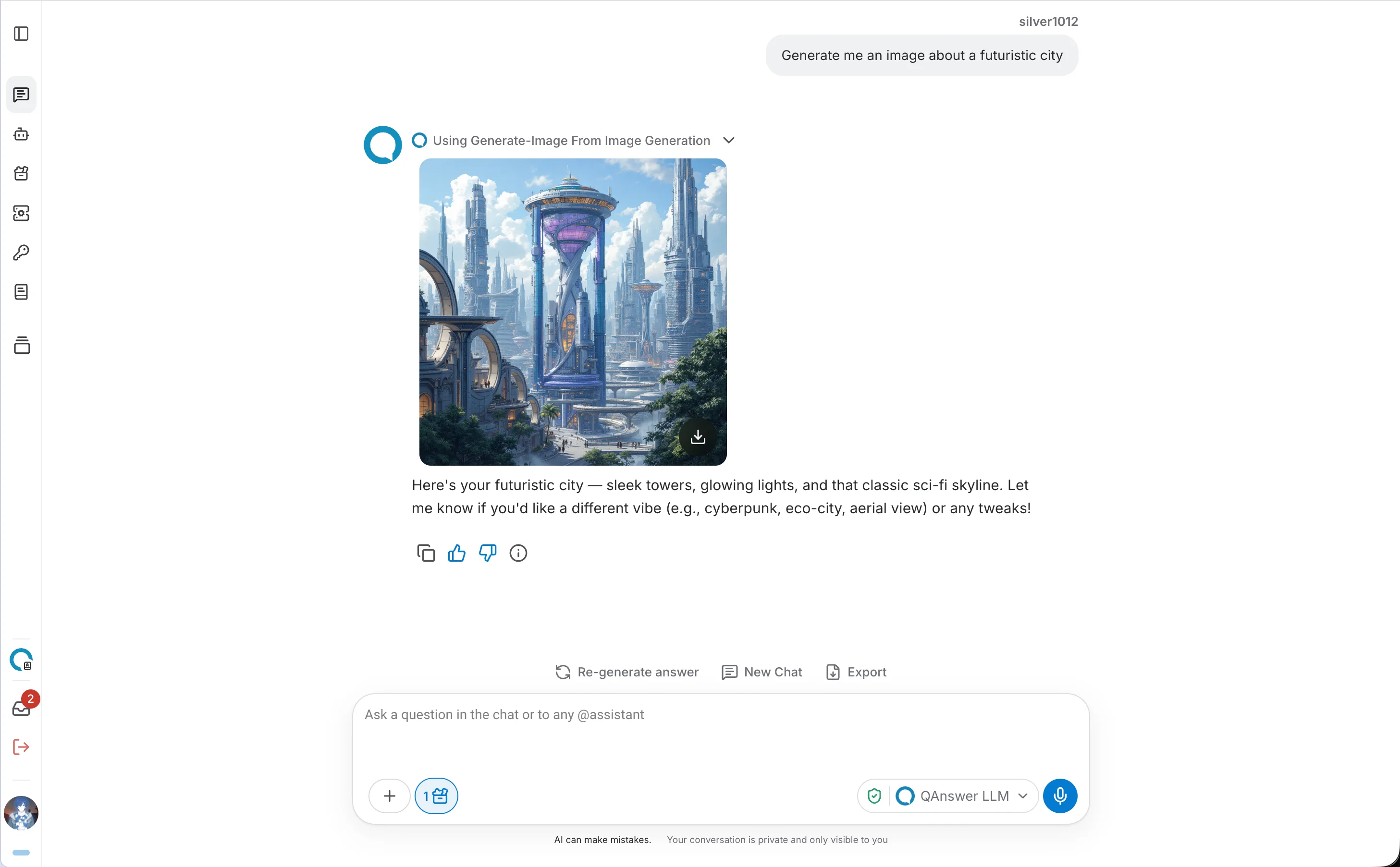 LLM Chat showing a generated image of a futuristic city at sunset with flying cars