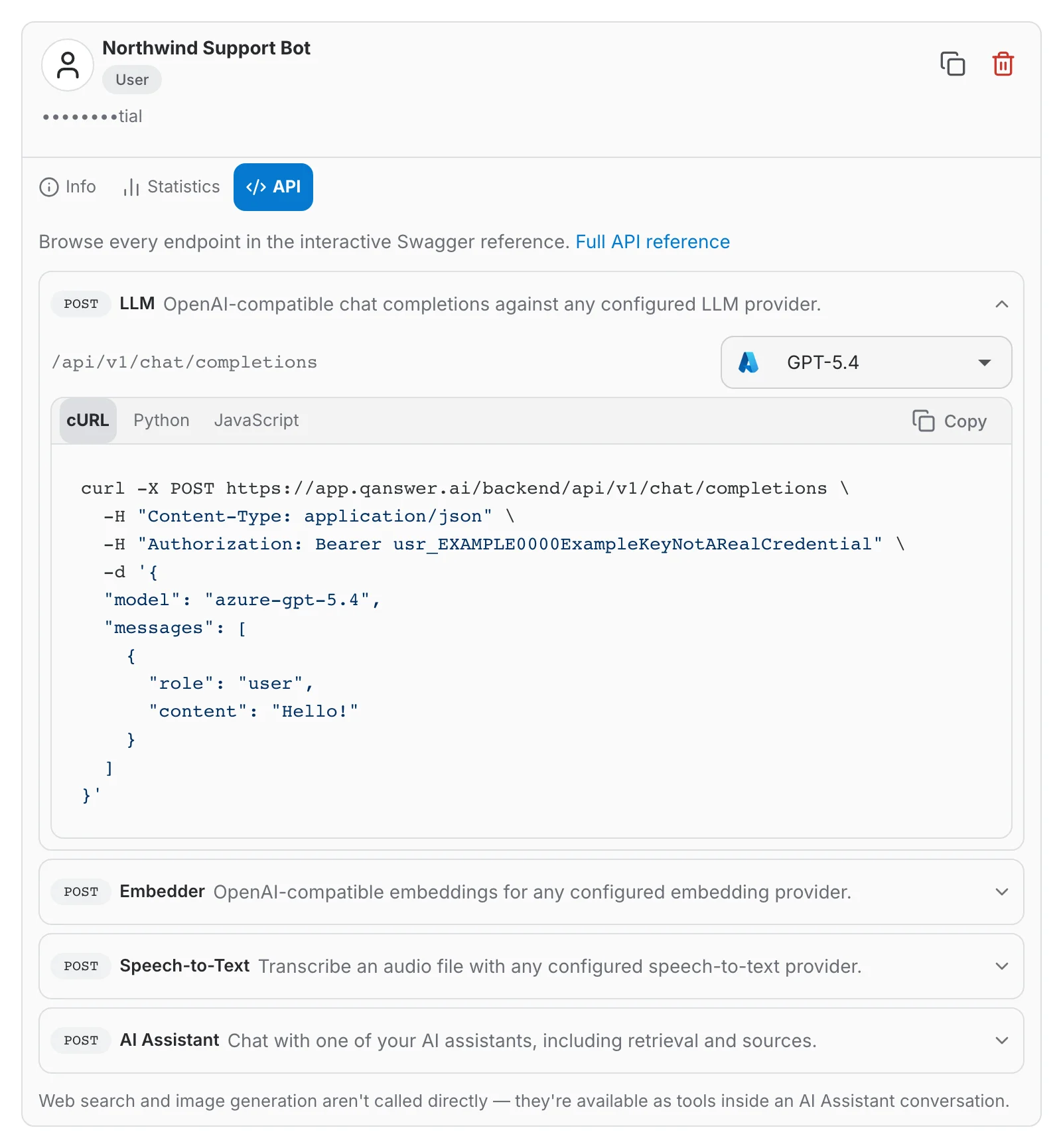 The API tab of a user-level key, one endpoint card open on its cURL snippet