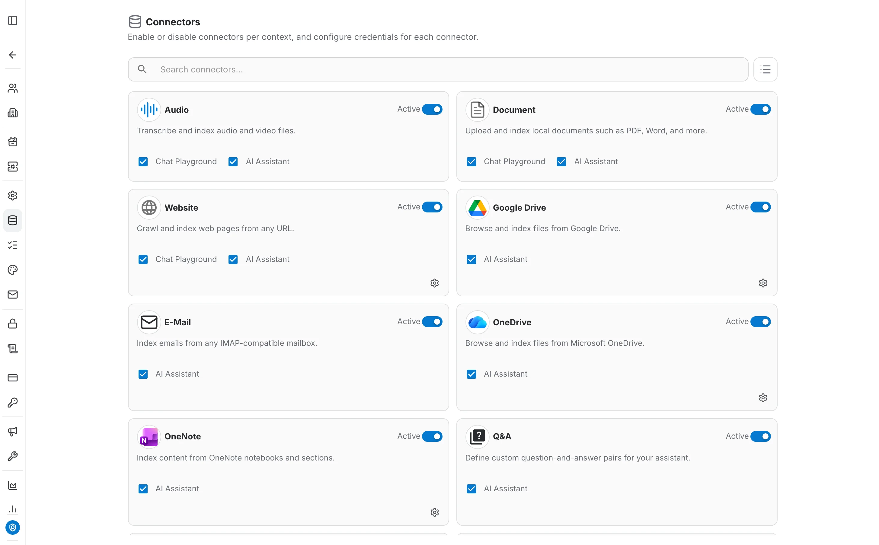 Connectors admin page — grid of connector types with Active, Chat Playground, and AI Assistant controls
