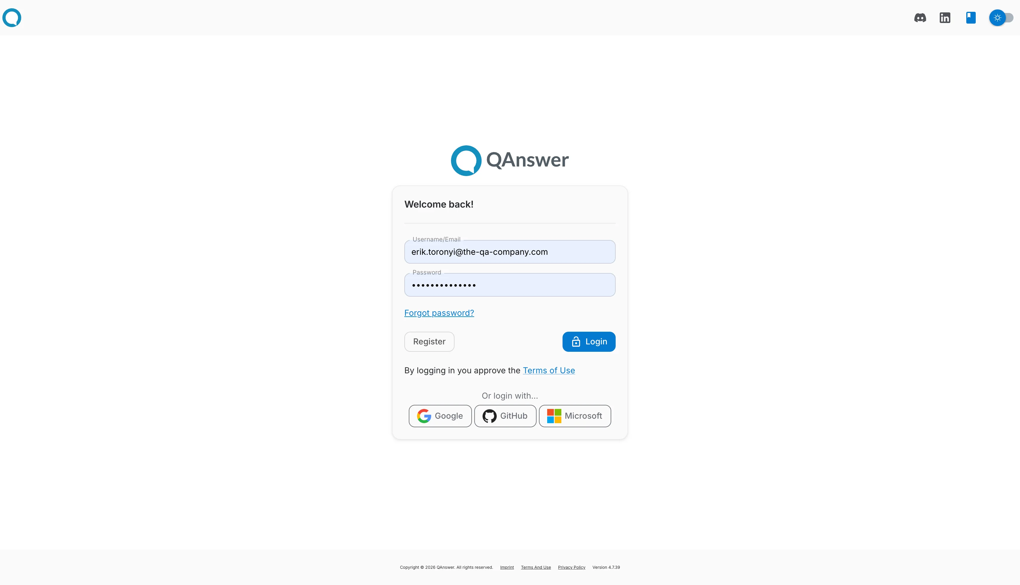 Login page
