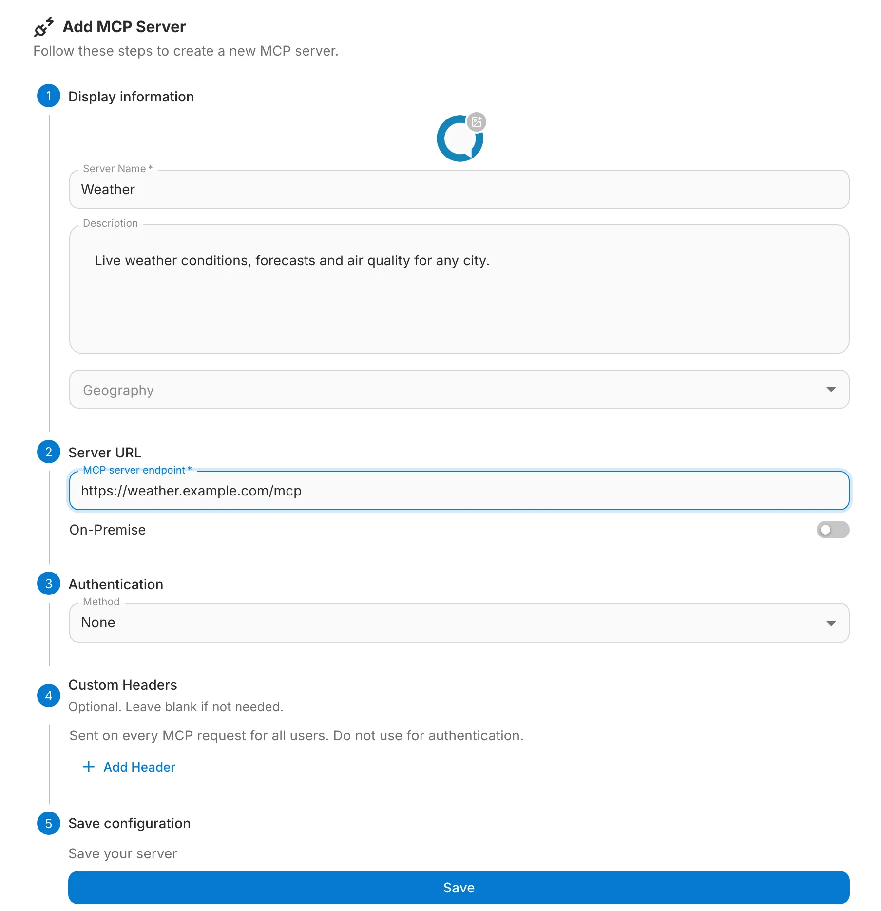 The Add MCP Server form filled in for a Weather server
