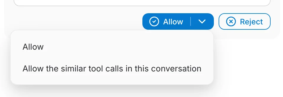 The Allow menu with "Allow" and "Allow the similar tool calls in this conversation"