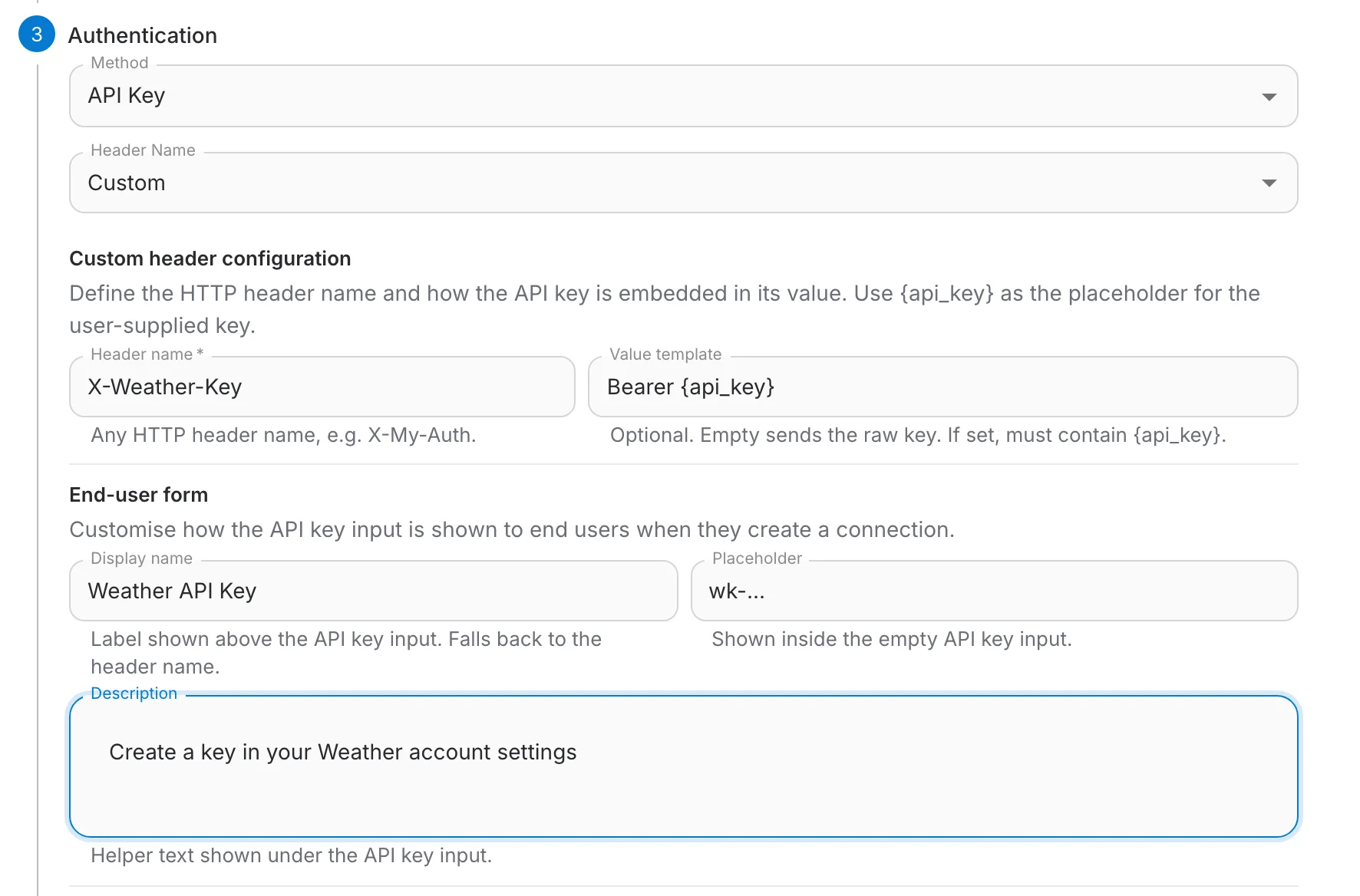 API Key authentication with a custom header and the end-user form settings