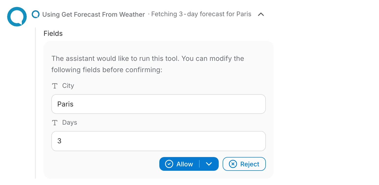 The confirmation card with the explanation "Fetching 3-day forecast for Paris" on its header, editable City and Days fields and Allow / Reject buttons