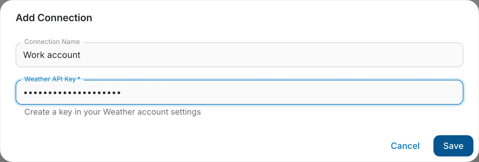 The Add Connection dialog asking for the Weather API Key and Account ID