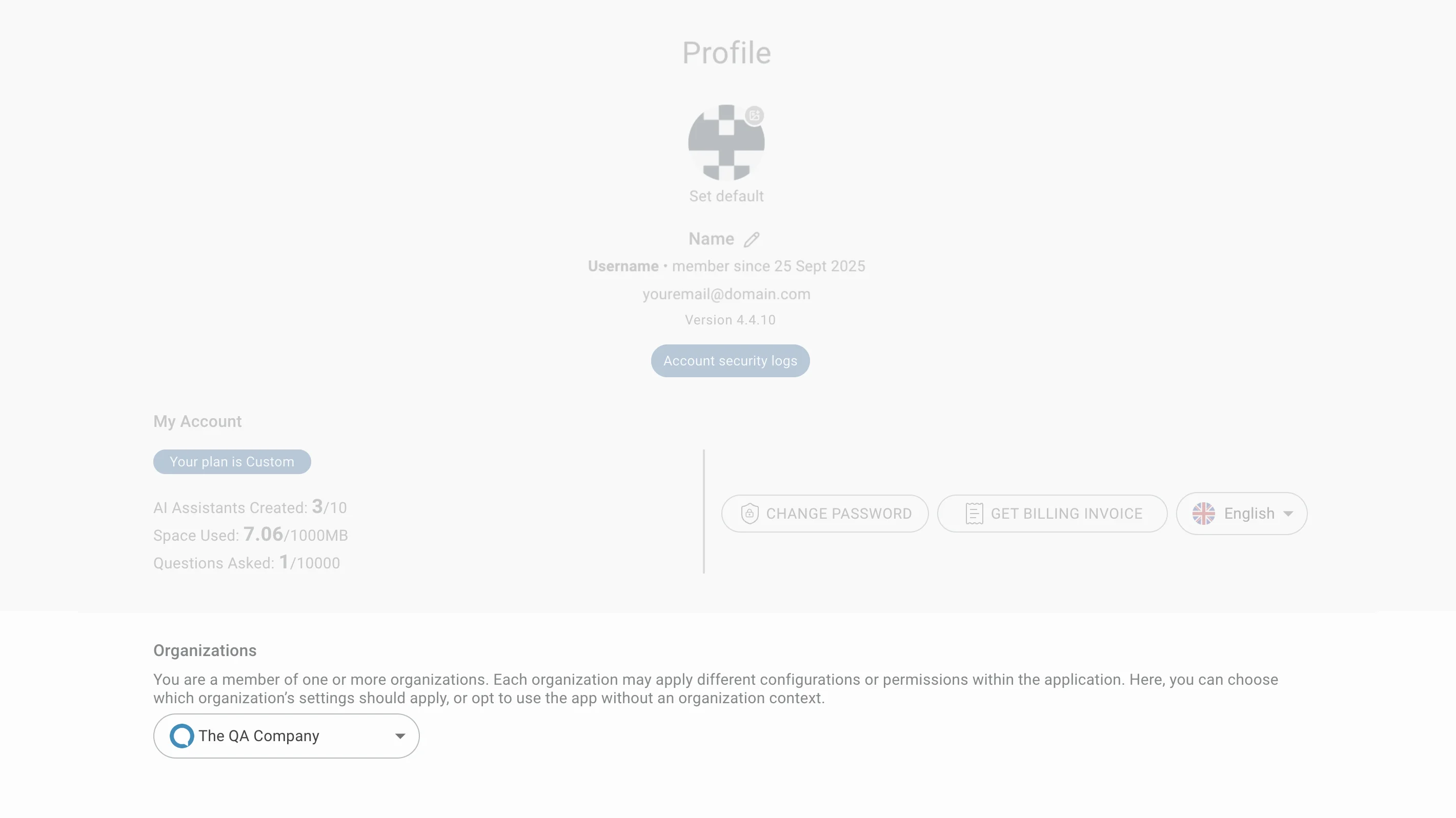 workspace selector on the profile page