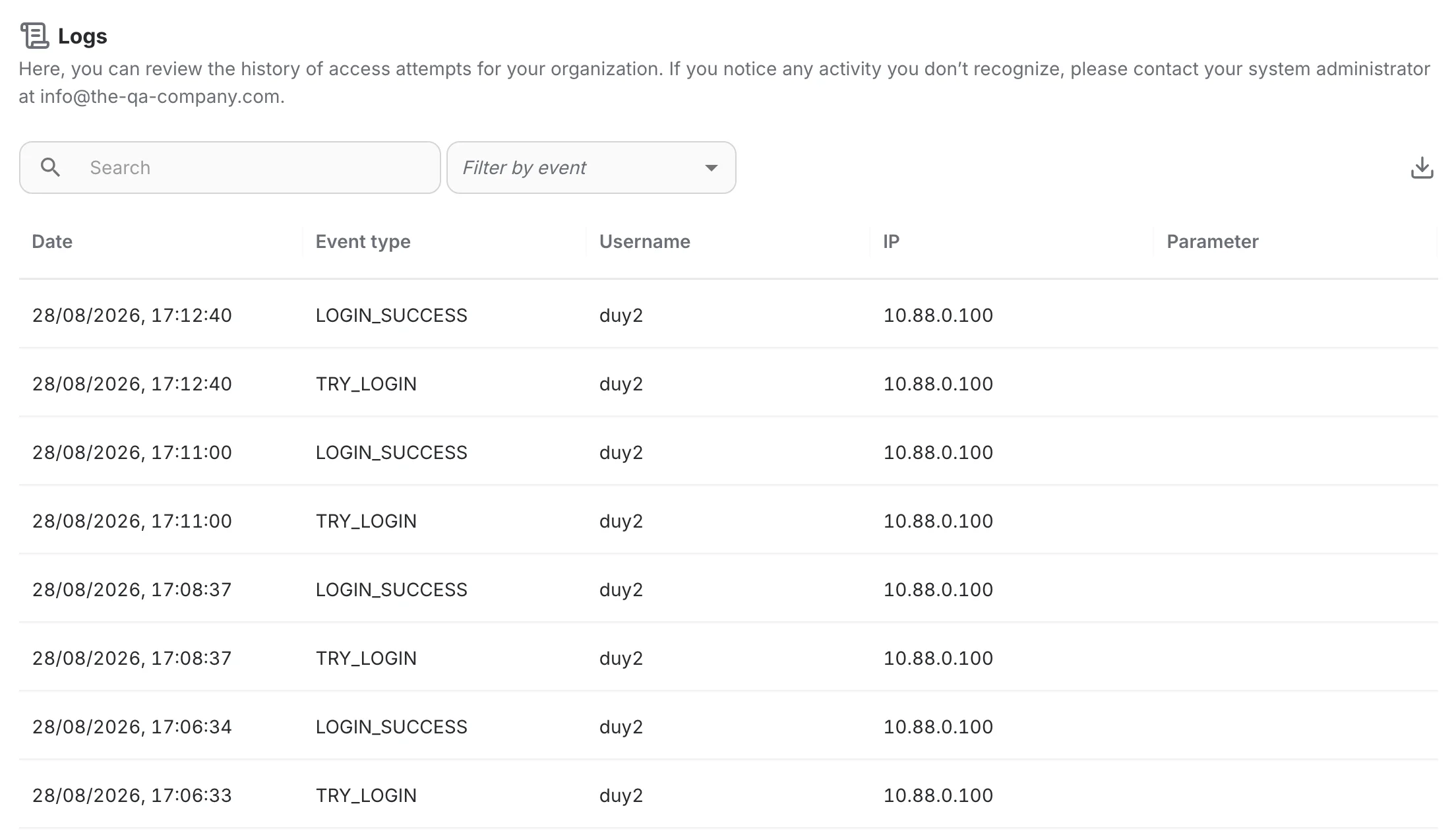 Organization Logs page listing login events
