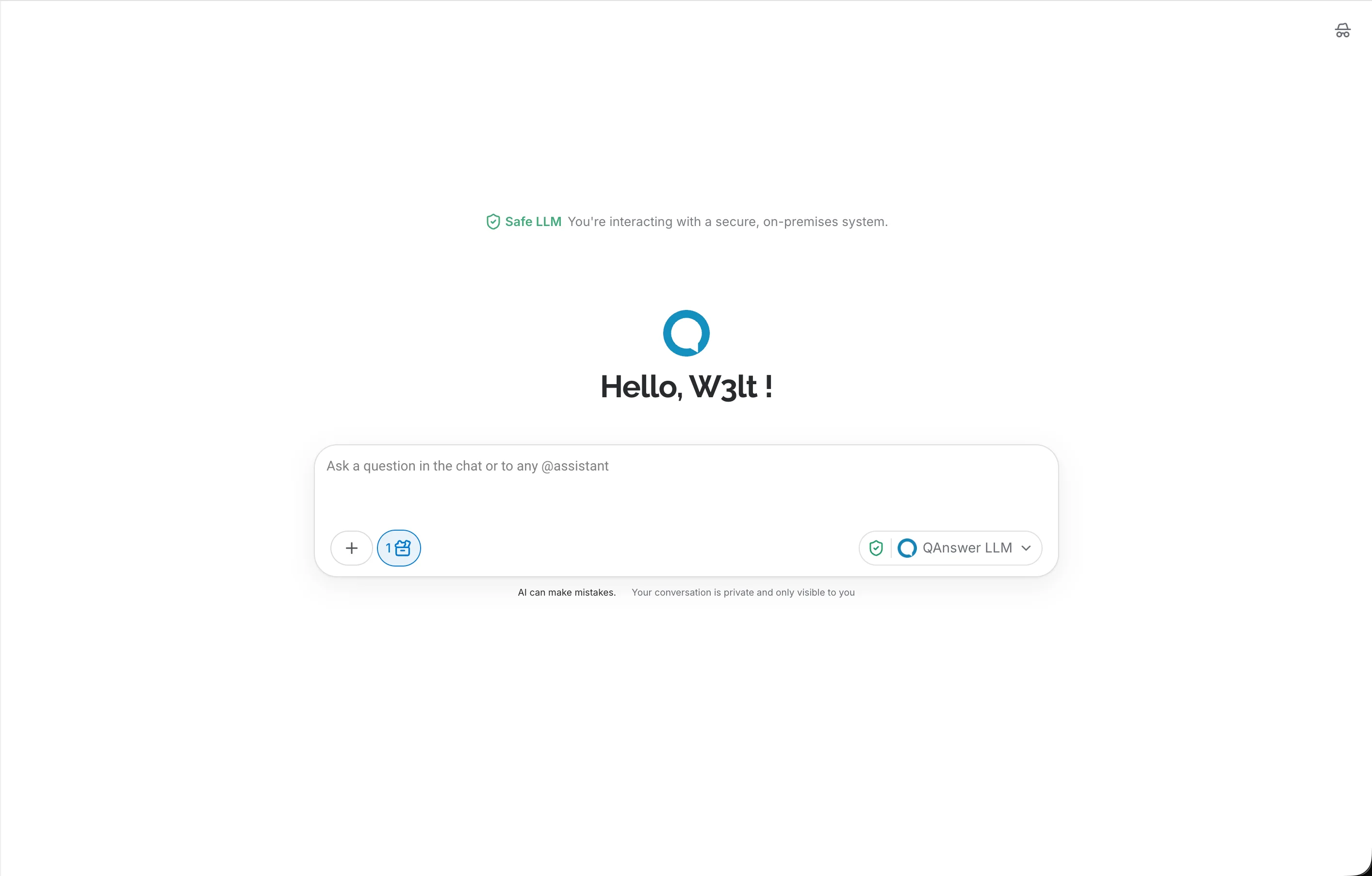 Chat welcome screen with AI Assistants off — no grid below the composer
