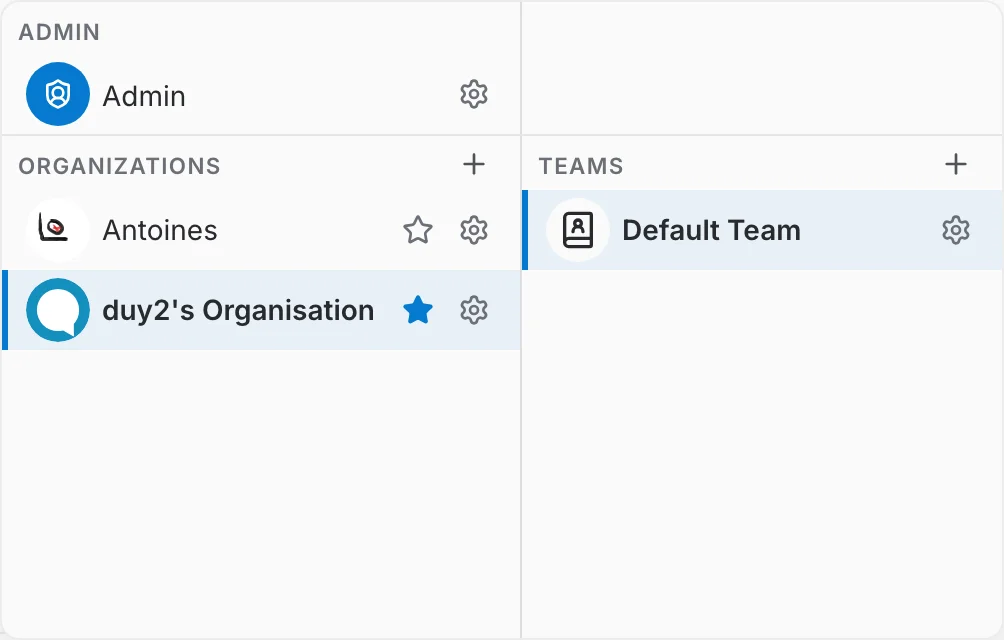 workspace selector open, showing organizations and teams