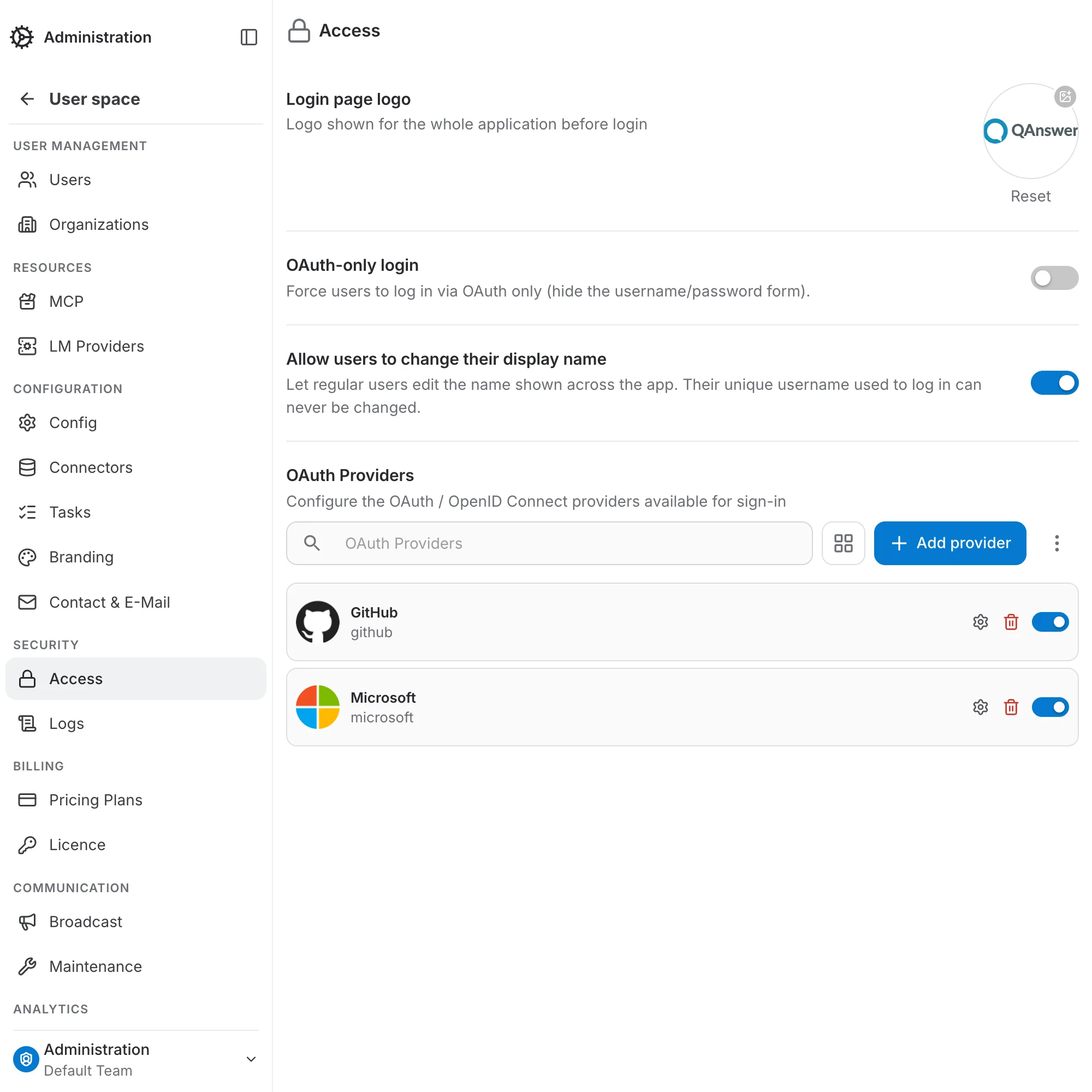 admin access page overview