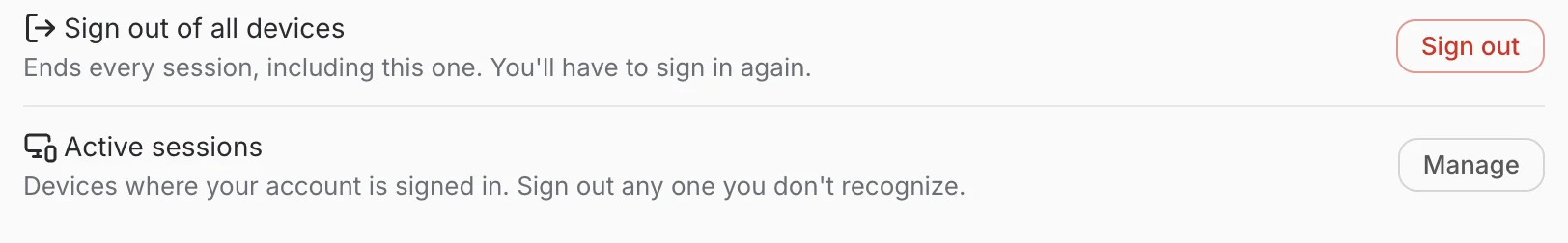 The Sign out of all devices and Active sessions rows on the profile page