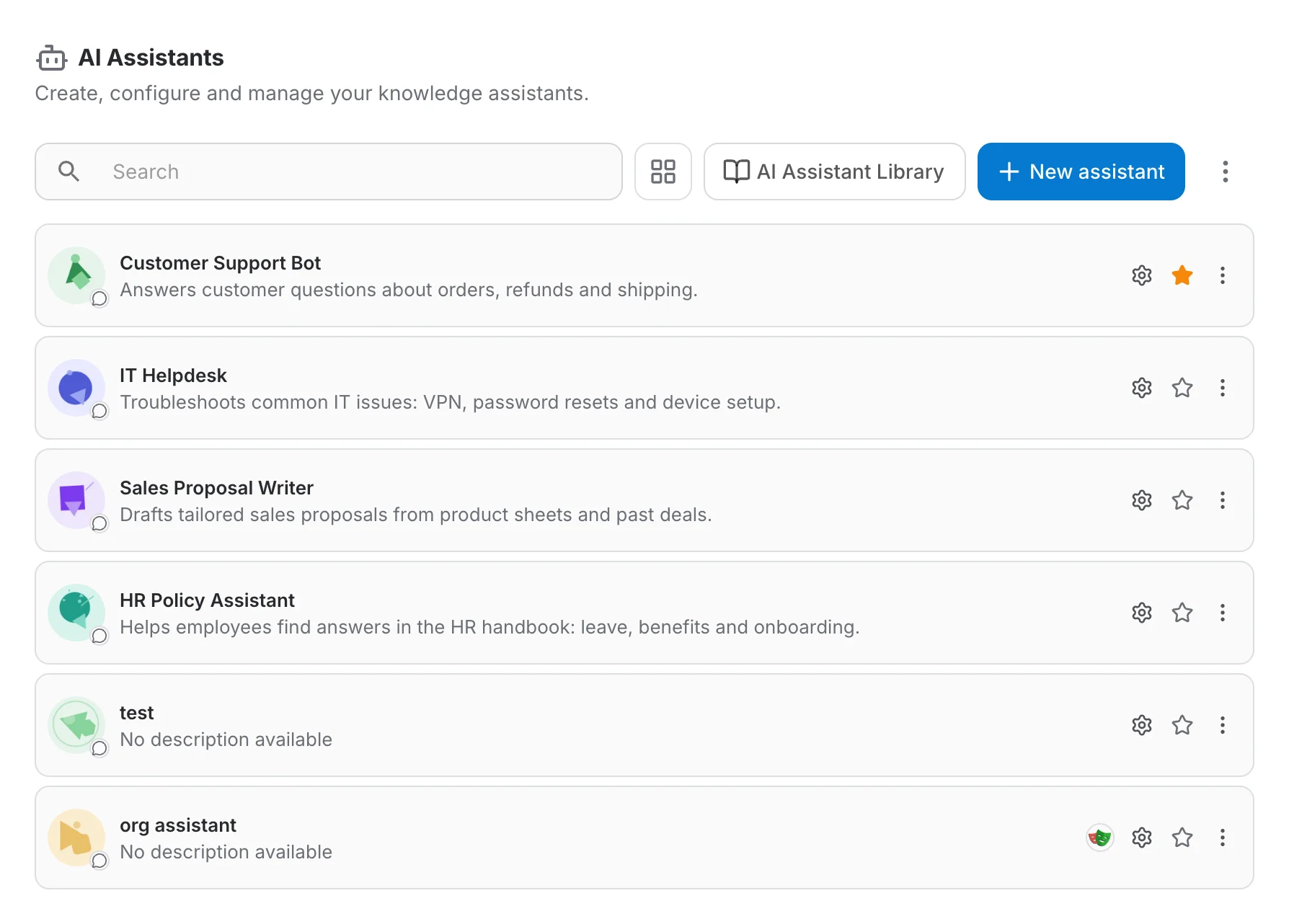 The AI Assistants page in list view