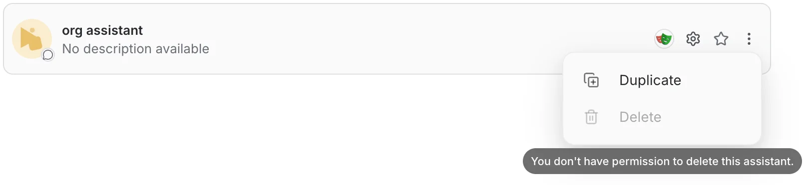 The More options menu of an assistant shared with you, with Delete disabled