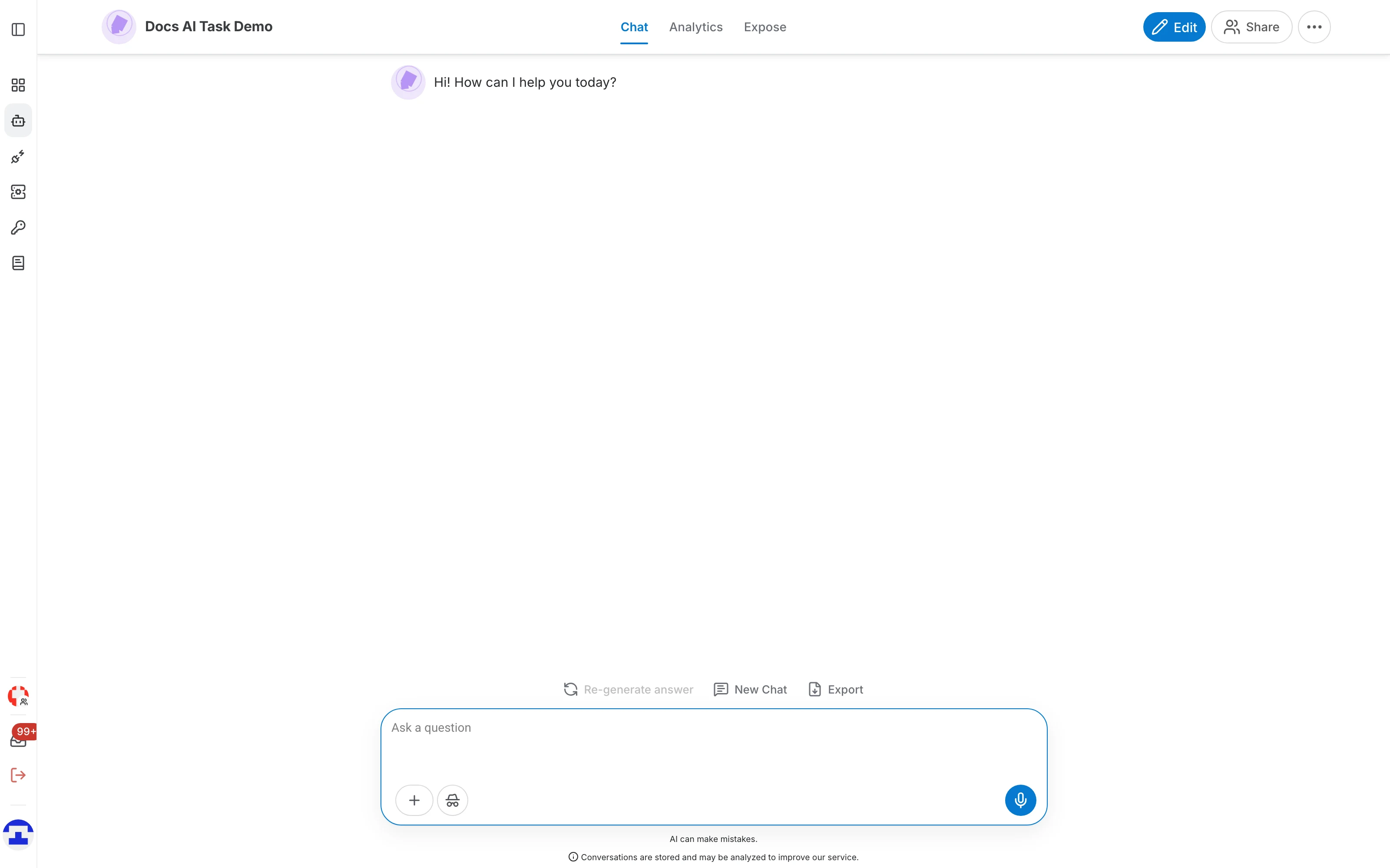 The chat interface before the first message