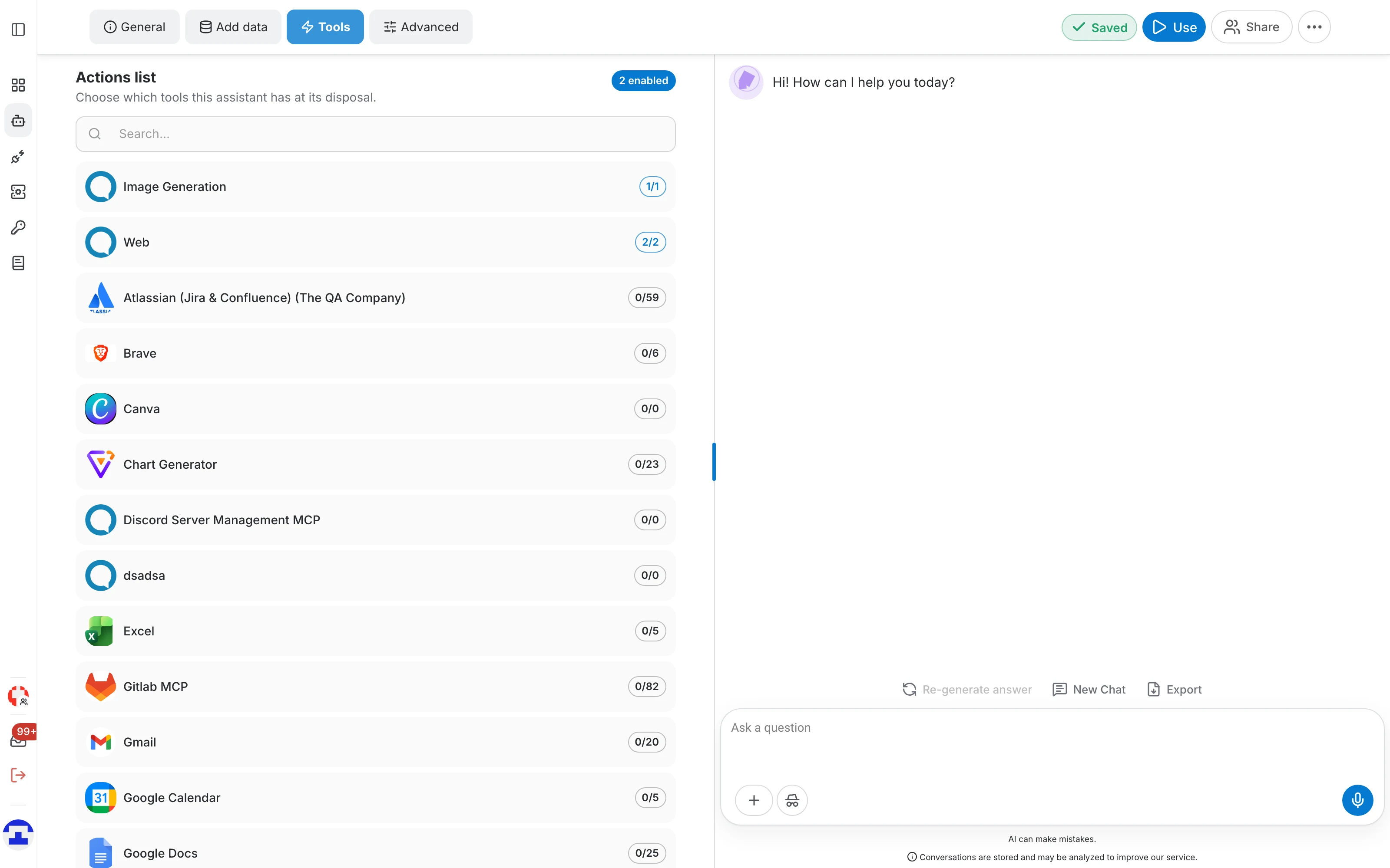 The Tools tab of the assistant editor