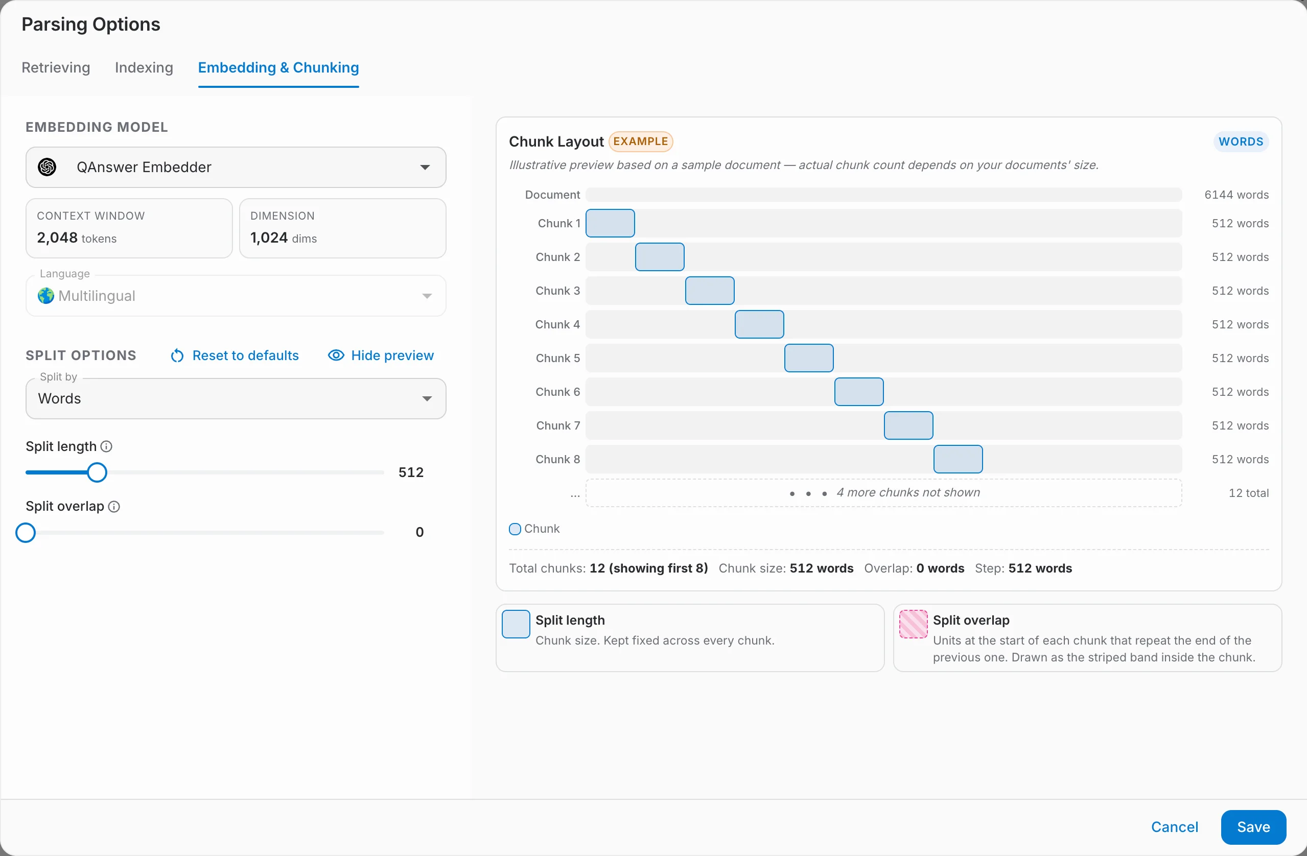Chunk layout preview showing chunks, overlap, and the summary