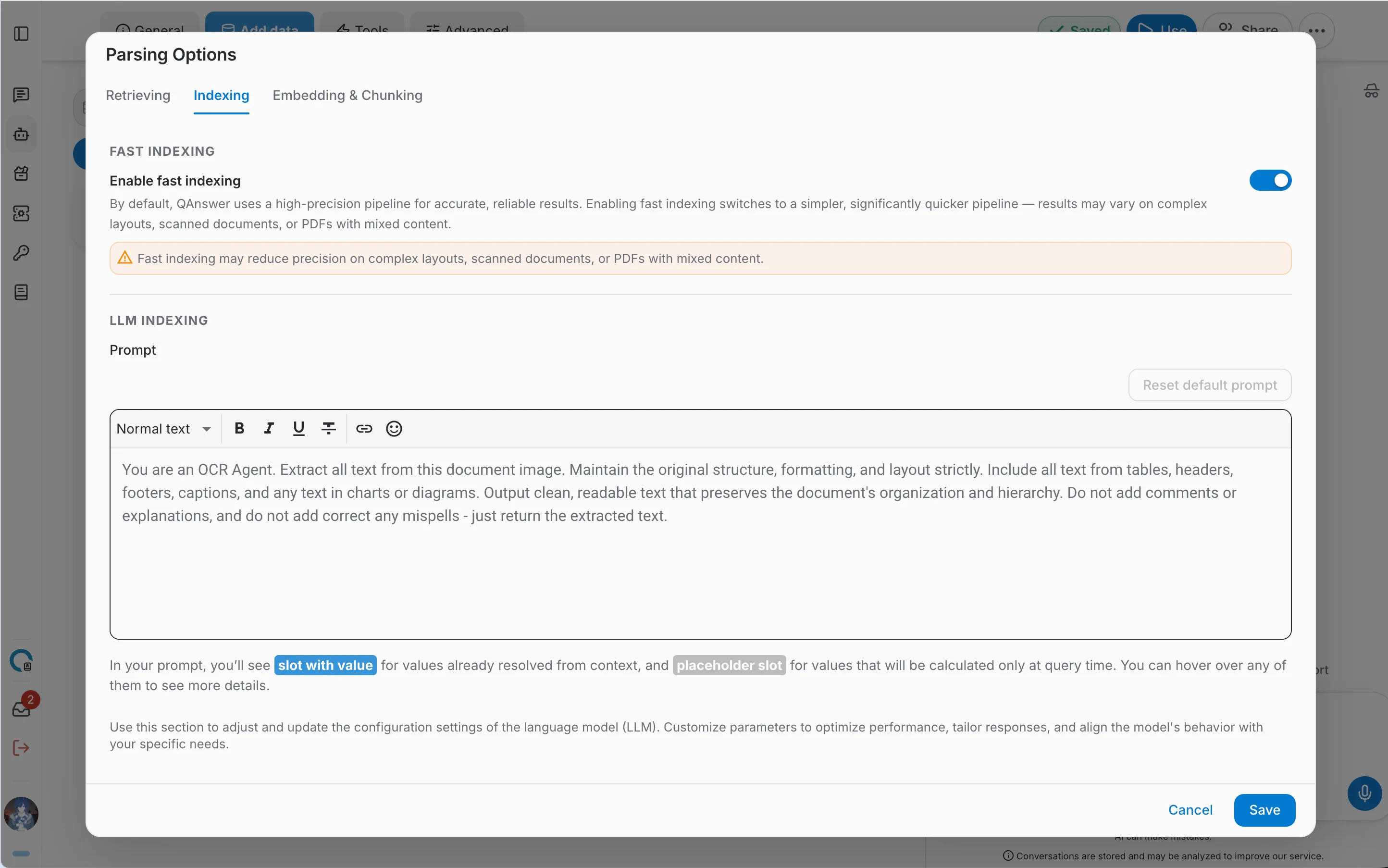 Fast indexing enabled, showing the precision warning
