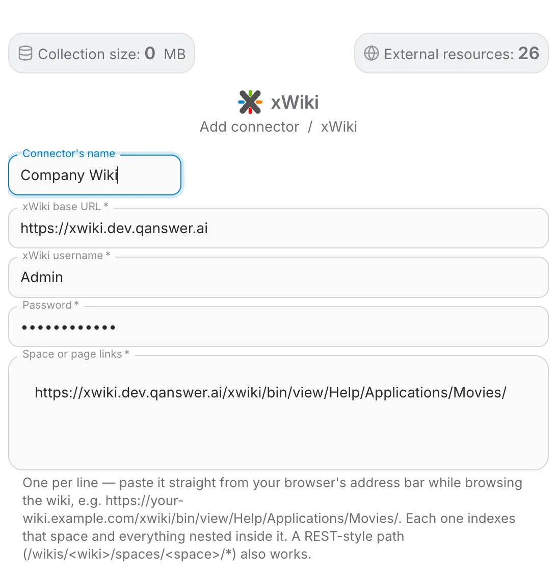 xWiki connector form with base URL, username, password and space links filled in