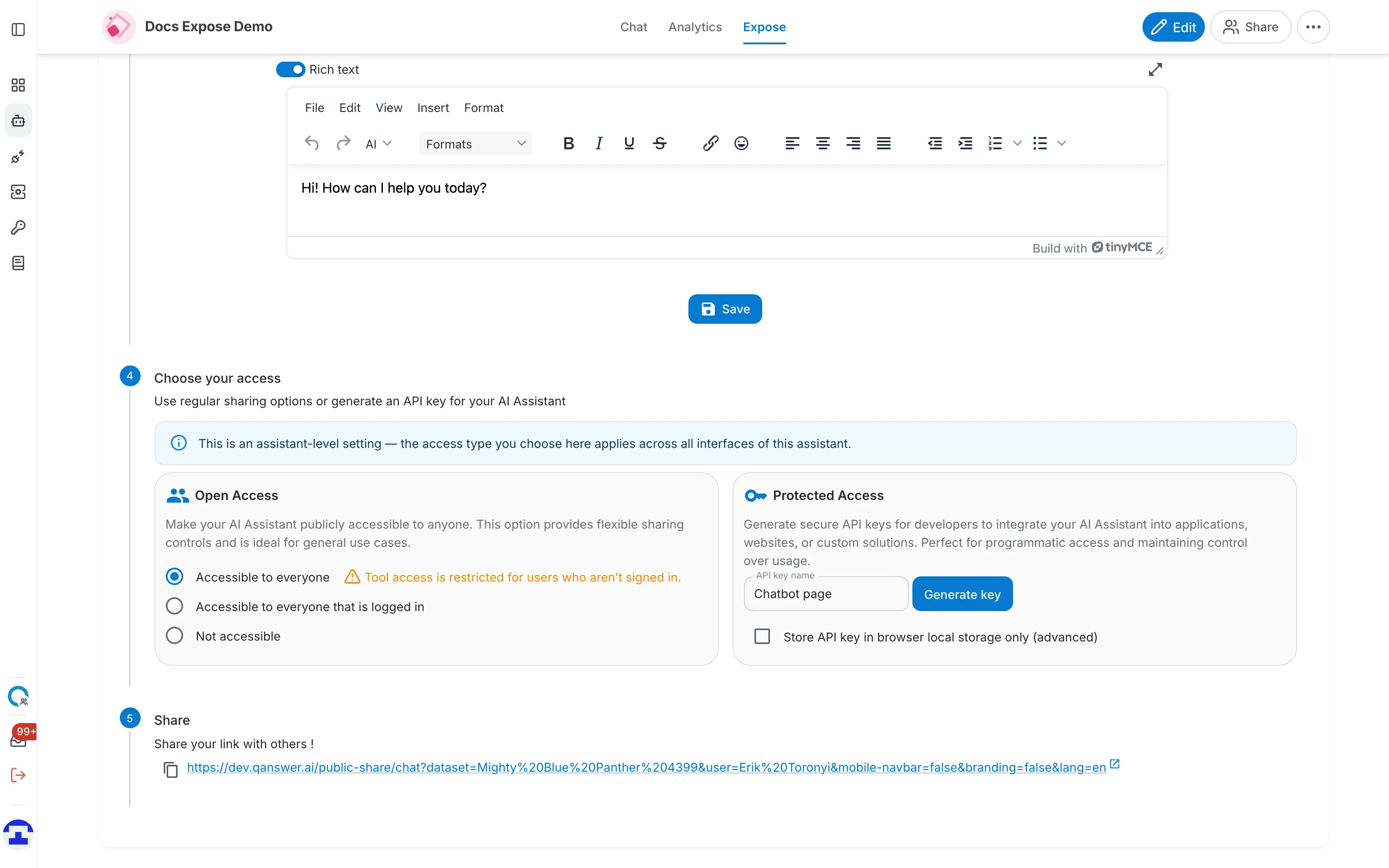 The Choose your access step for the chat interface, with all three open-access options