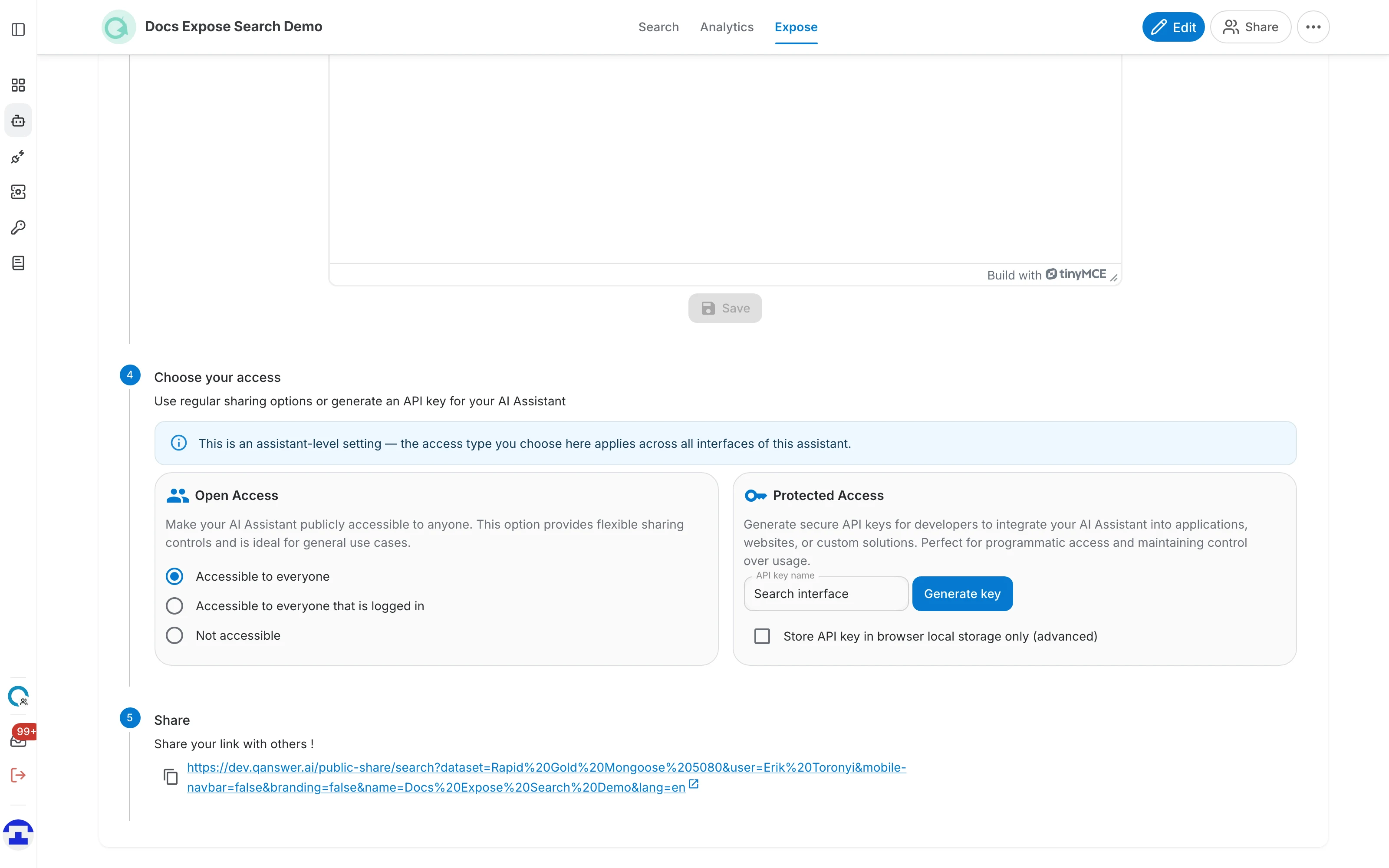 The Share step showing the generated public link