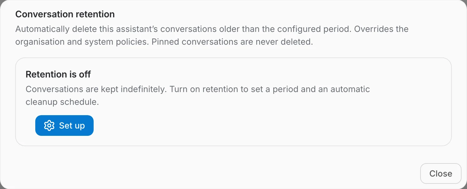 The Conversation retention dialog with retention turned off
